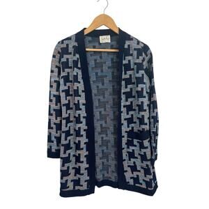Vintage 70s Jonathan Logan Blue Geometric Open Front Long Cardigan Mid Mod S/M